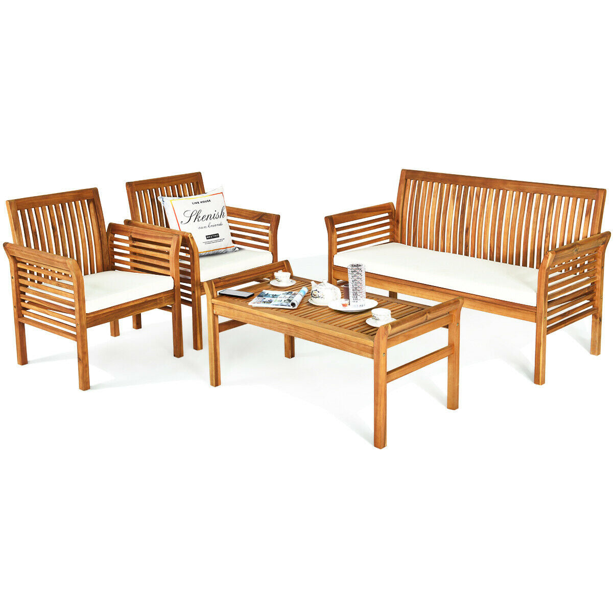Juego de muebles de sofá de madera de acacia para exterior de 4 piezas