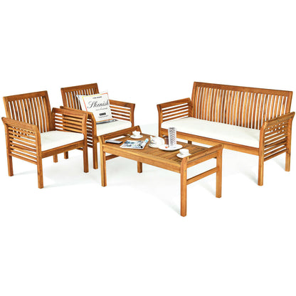 Juego de muebles de sofá de madera de acacia para exterior de 4 piezas