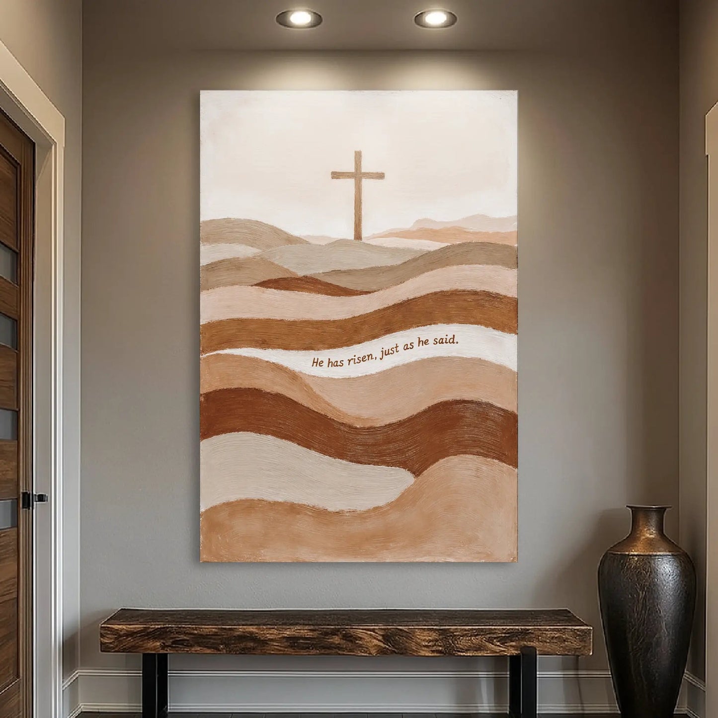 Canvas wall art with a cross over beige hills and the caption He has risen, just as he said on Tampa Home & Garden Store
