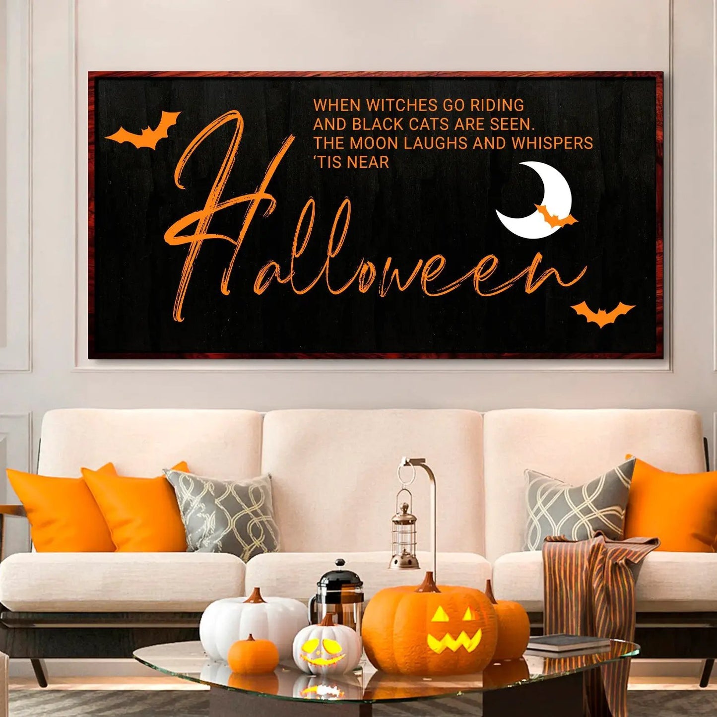 When Witches Halloween Wall Sign canvas Tailored Canvases, framed canvas with orange script on Tampa Home & Garden Store