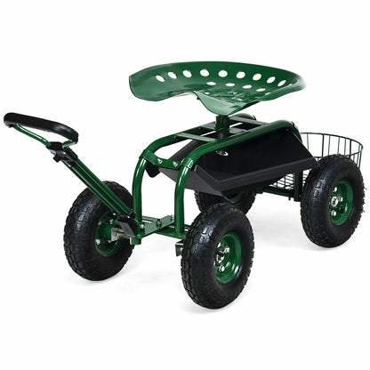Carro de jardín de servicio pesado con bandeja de herramientas y asiento giratorio 360°-Verde