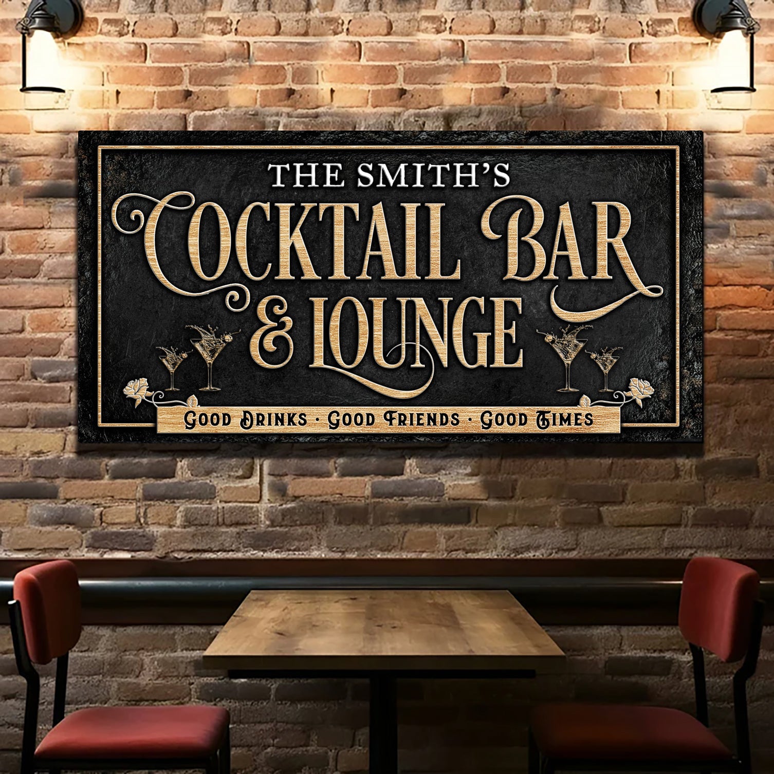 Cocktail Bar & Lounge sign canvas by Tailored Canvases, black with gold lettering on Tampa Home & Garden Store