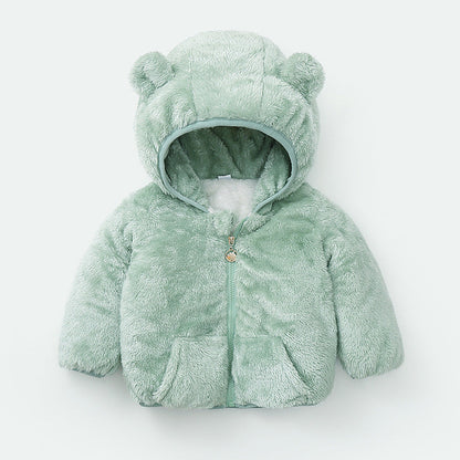 Stevvex baby fleece coat mint green with bear-ear hood, front zipper, pockets on Tampa Home & Garden Store