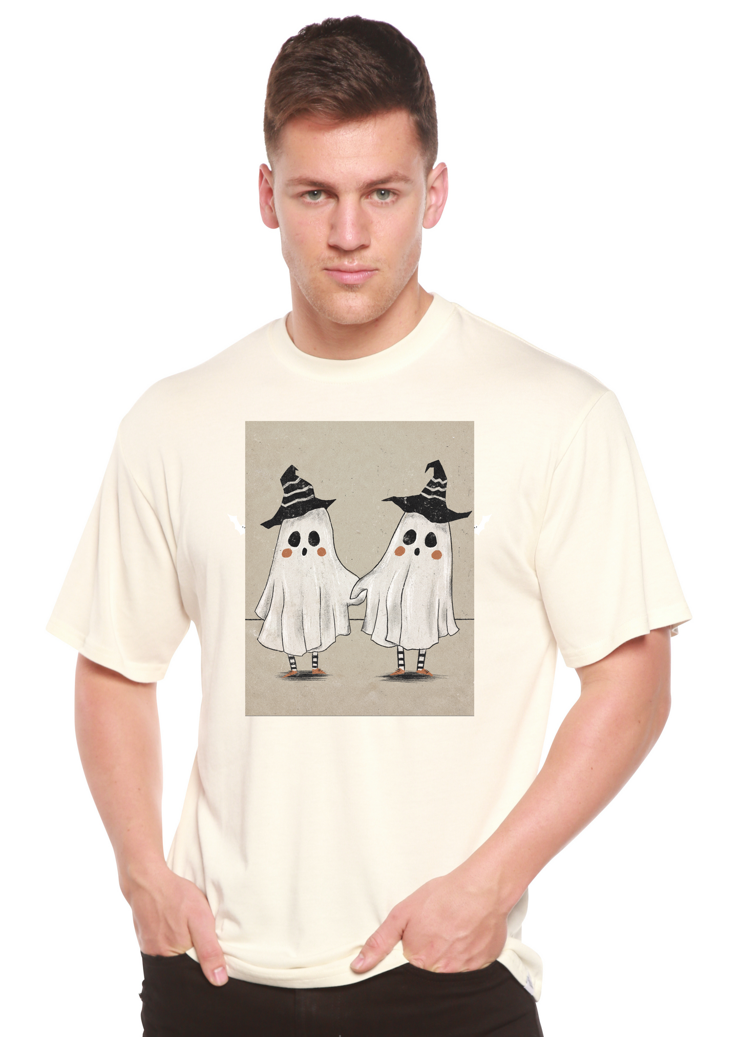 Cute Ghost men's bamboo viscose/organic cotton short sleeve tee in cream with ghosts on beige on Tampa Home & Garden Store