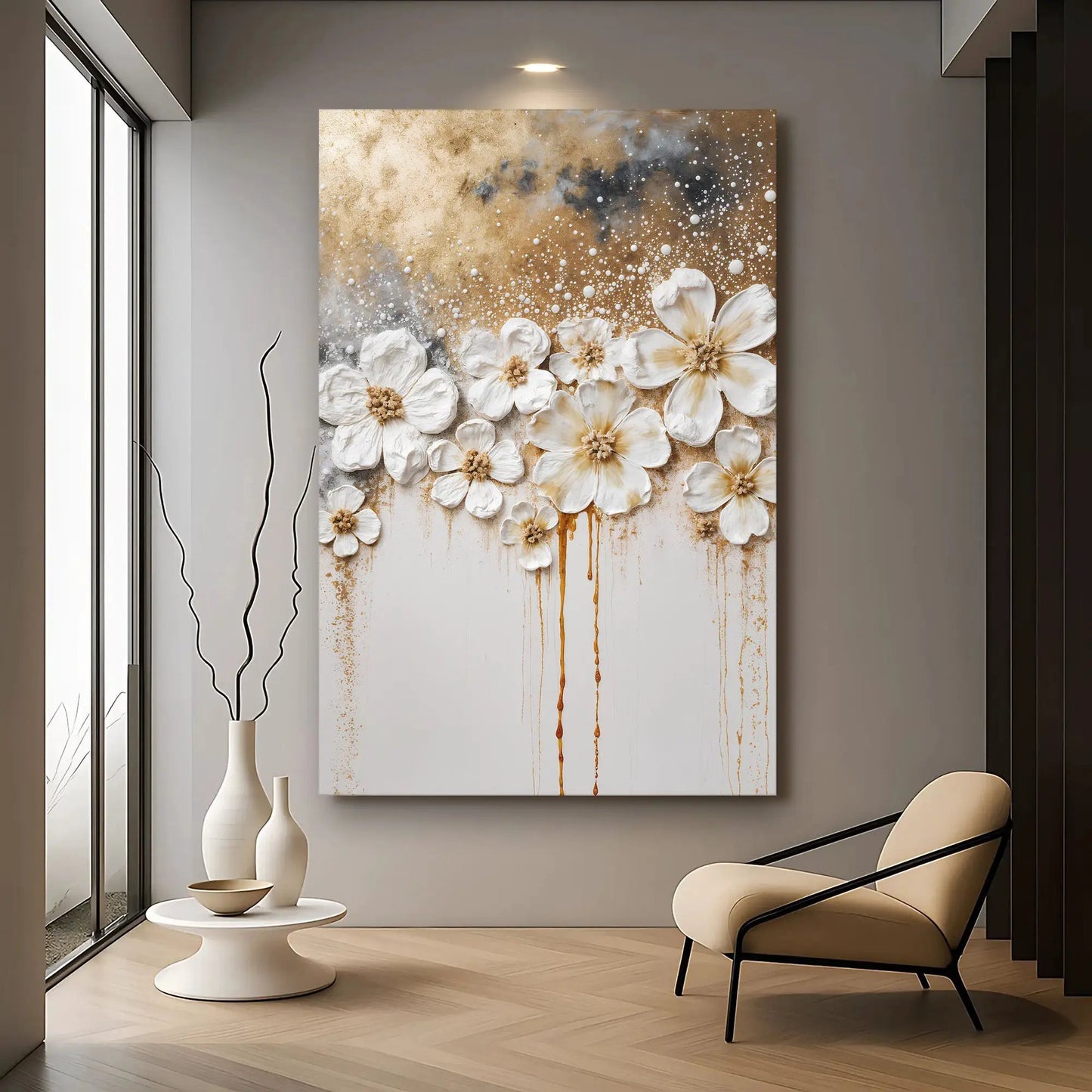 Gold Floral Wall Art canvas with white flowers on gold background Tailored Canvases on Tampa Home & Garden Store