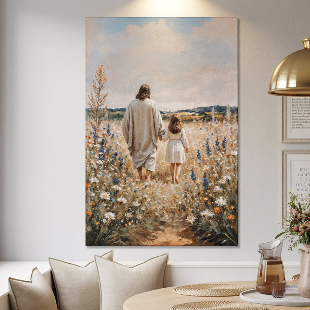 Steps of Faith canvas wall art depicting a man and girl walking through a meadow of wildflowers on Tampa Home & Garden Store