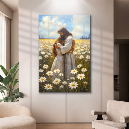 Jesus Hugging Woman Faith Wall Art II canvas by Tailored Canvases in a field of daisies on Tampa Home & Garden Store