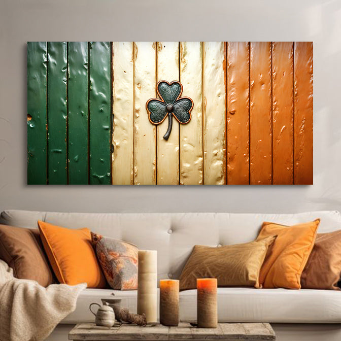 Irish Shamrock Glory Wooden Flag Wall Art II canvas with green white orange planks and shamrock on Tampa Home & Garden Store