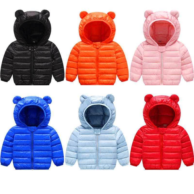 Stevvex bear-ear hooded baby puffer jackets, 6 colors black orange pink blue lightblue red on Tampa Home & Garden Store