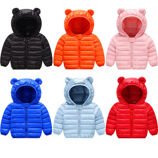 Stevvex bear-ear hooded baby puffer jackets, 6 colors black orange pink blue lightblue red on Tampa Home & Garden Store