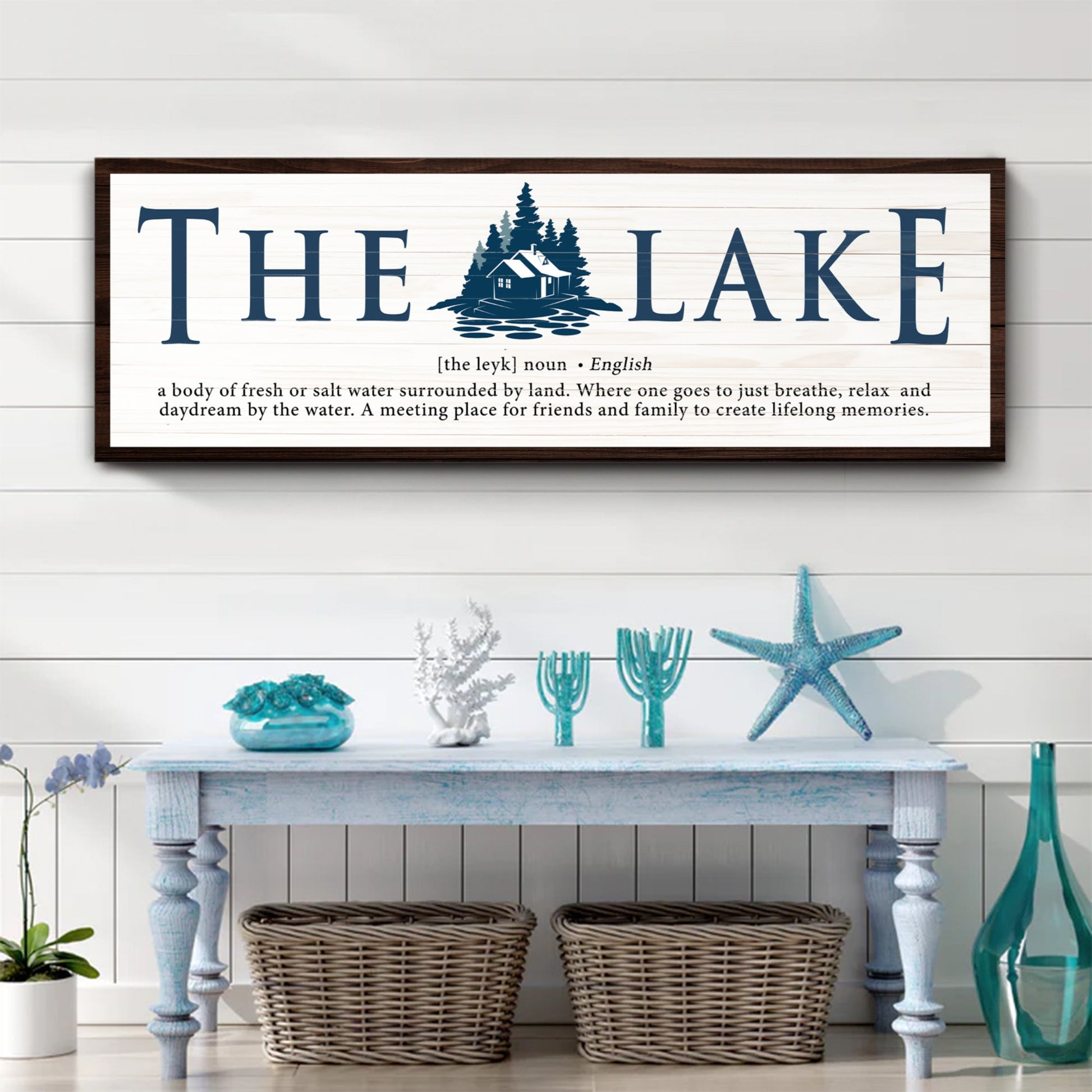 The Definition of Lake Sign II canvas sign with navy THE LAKE on whitewashed planks on Tampa Home & Garden Store