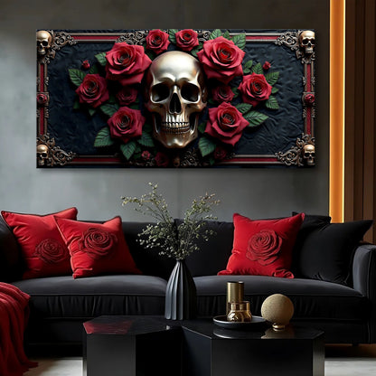 3D Vintage Skull Wall Art III canvas featuring red roses and ornate frame by Tailored Canvases on Tampa Home & Garden Store
