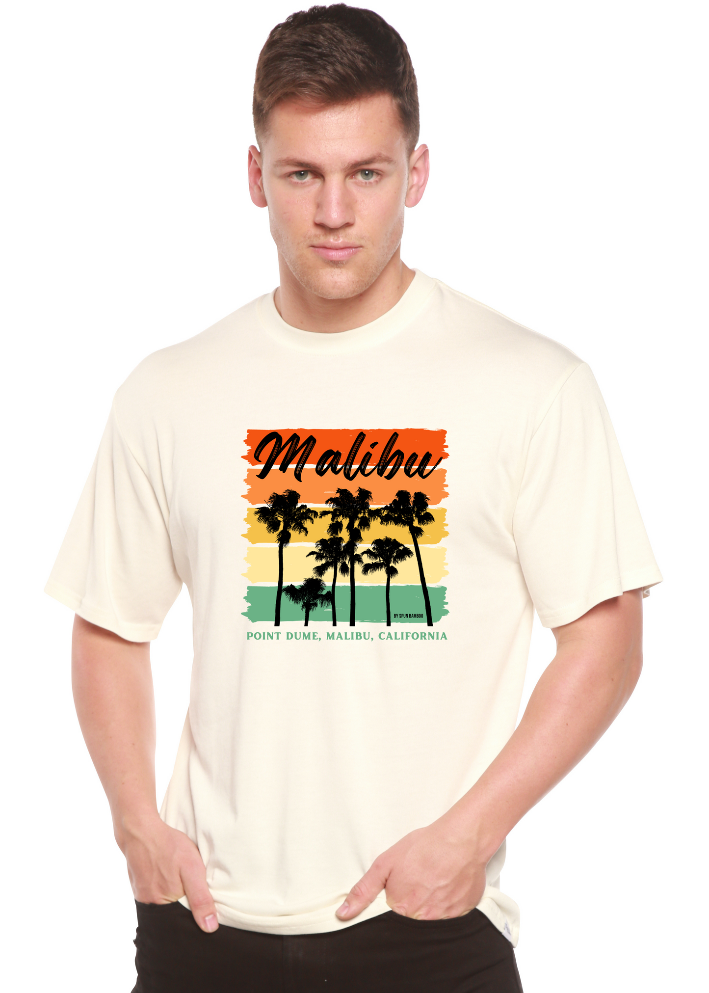 Malibu unisex tee, cream bamboo viscose/organic cotton with palm trees print by Spun Bamboo on Tampa Home & Garden Store