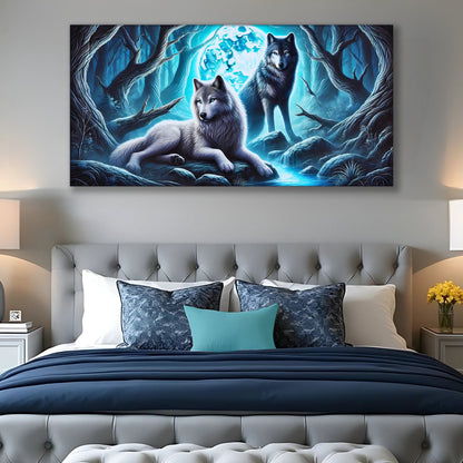 3D Wolves Wall Art canvas by Tailored Canvases, blue icy forest scene with two wolves on Tampa Home & Garden Store