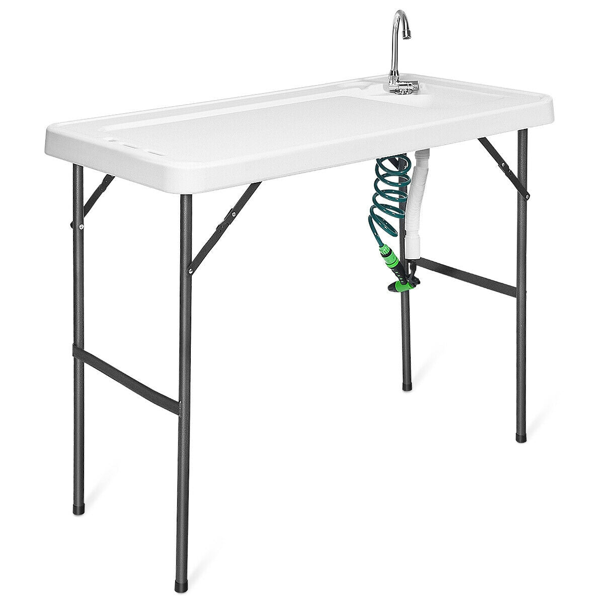 GemGear folding camping sink table with faucet and sprayer, white top and gray metal legs on Tampa Home & Garden Store