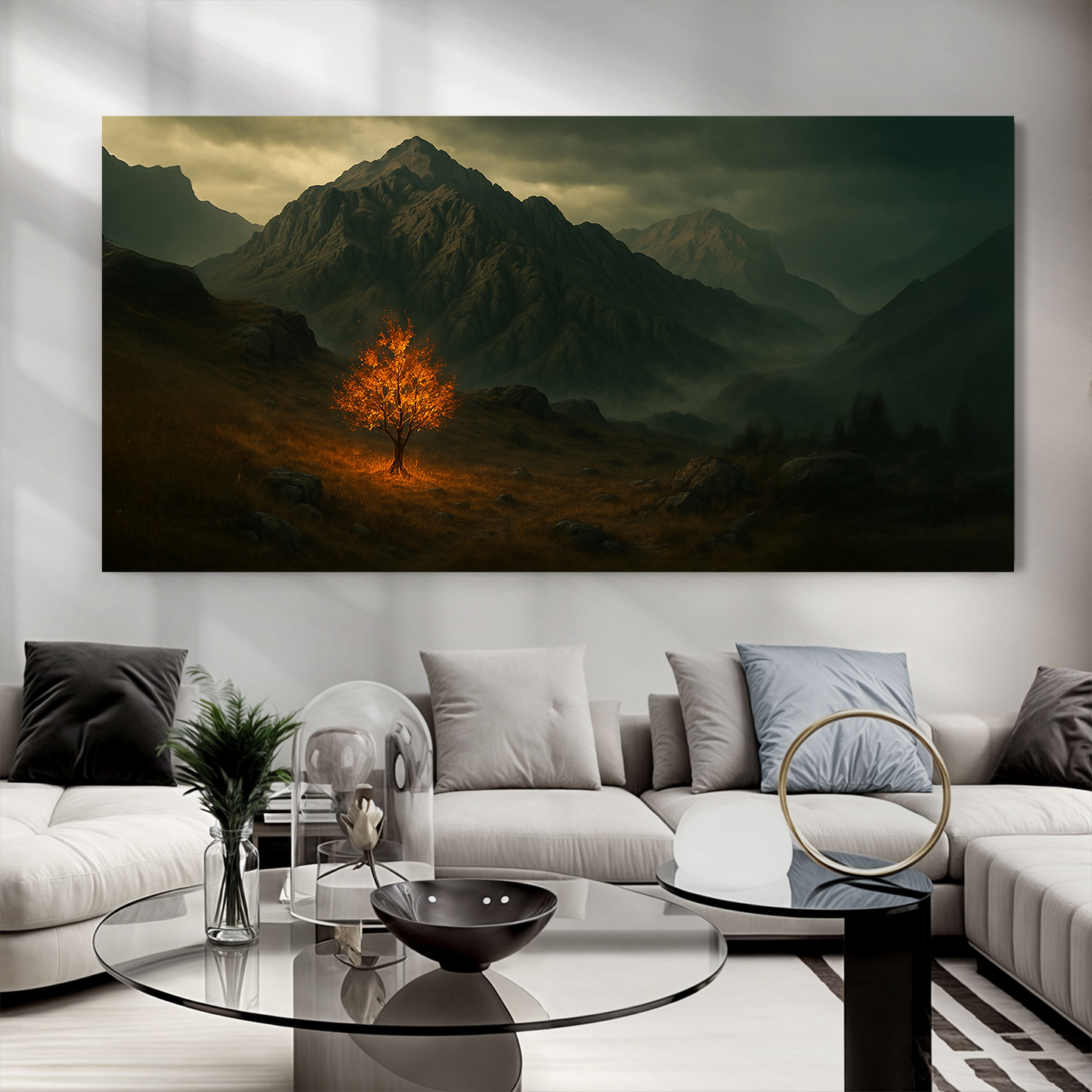 Burning Bush Faith Wall Art V canvas print featuring a glowing orange tree in a mountain valley on Tampa Home & Garden Store