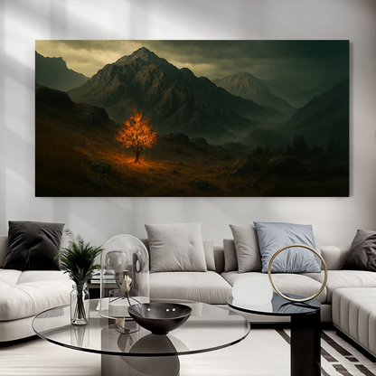 Burning Bush Faith Wall Art V canvas print featuring a glowing orange tree in a mountain valley on Tampa Home & Garden Store