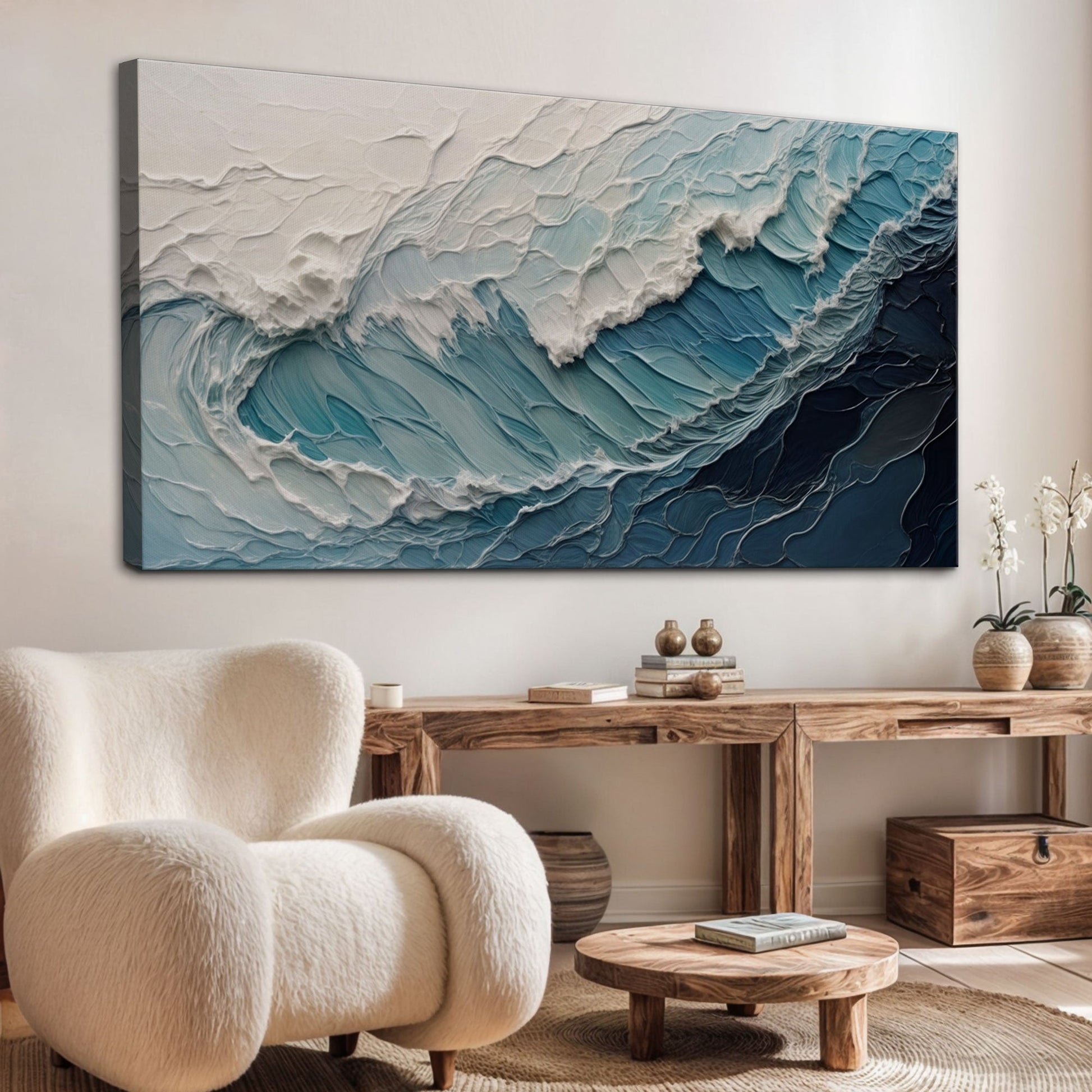 Ocean's Embrace seascape canvas by Tailored Canvases with textured white foam and deep blue ocean on Tampa Home & Garden Store