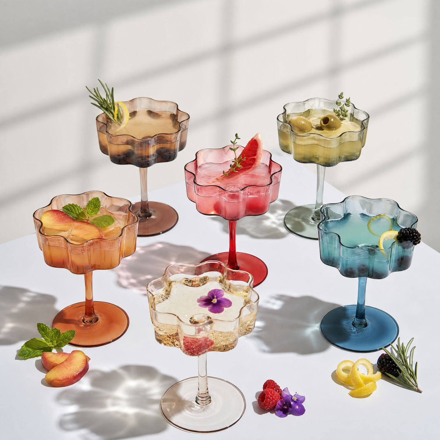 Elegant Muted Flower Coupe Glasses Set of 6
