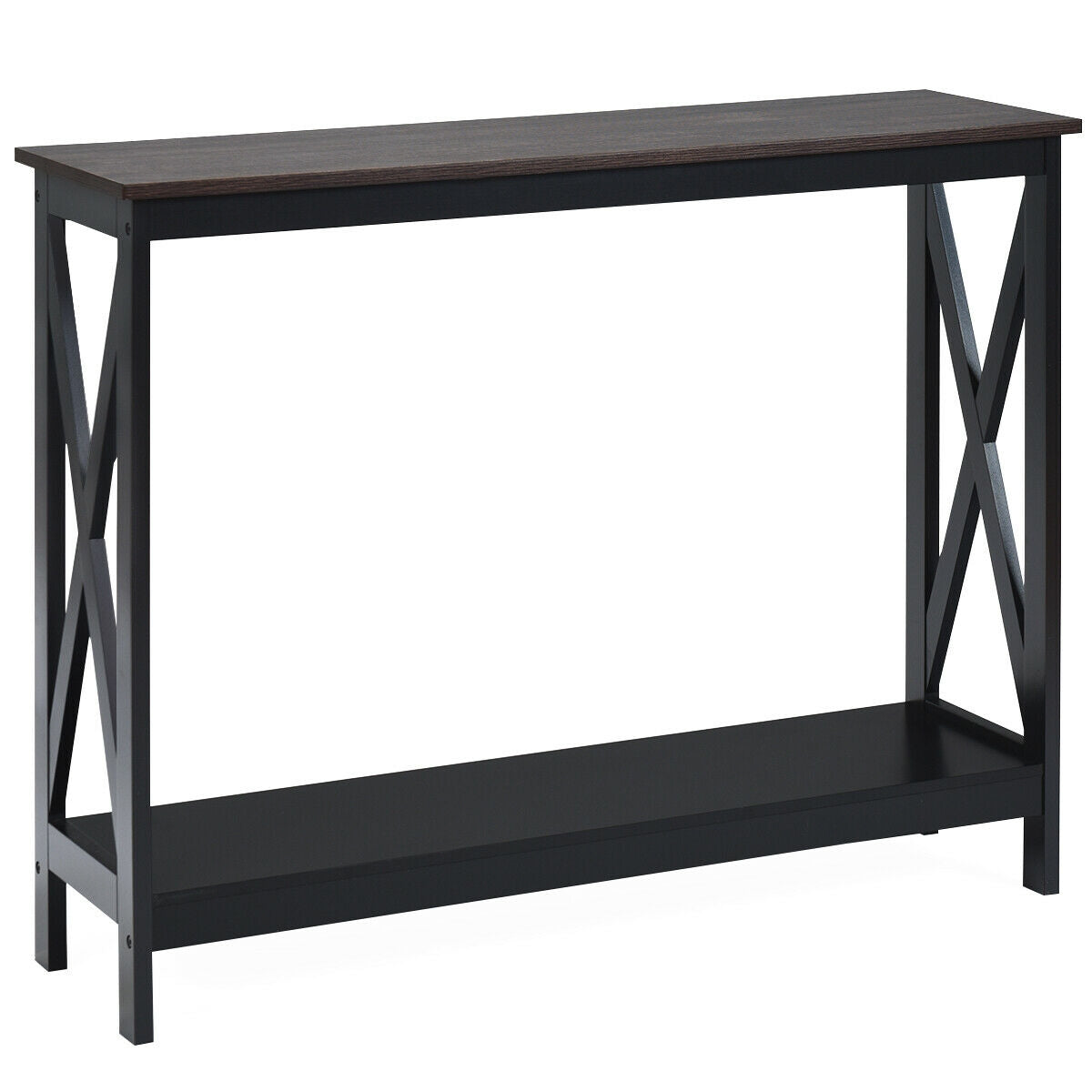 DirectDeals 2-Tier Console X-Design Sofa Side Accent Table dark wood top black frame on Tampa Home & Garden Store