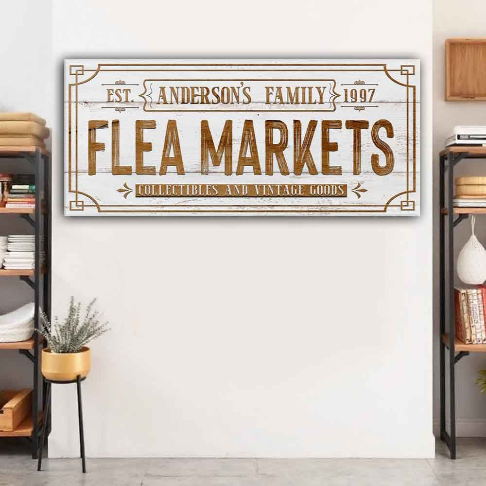 Family Flea Market Sign II canvas wall art with distressed white wood and brown lettering on Tampa Home & Garden Store