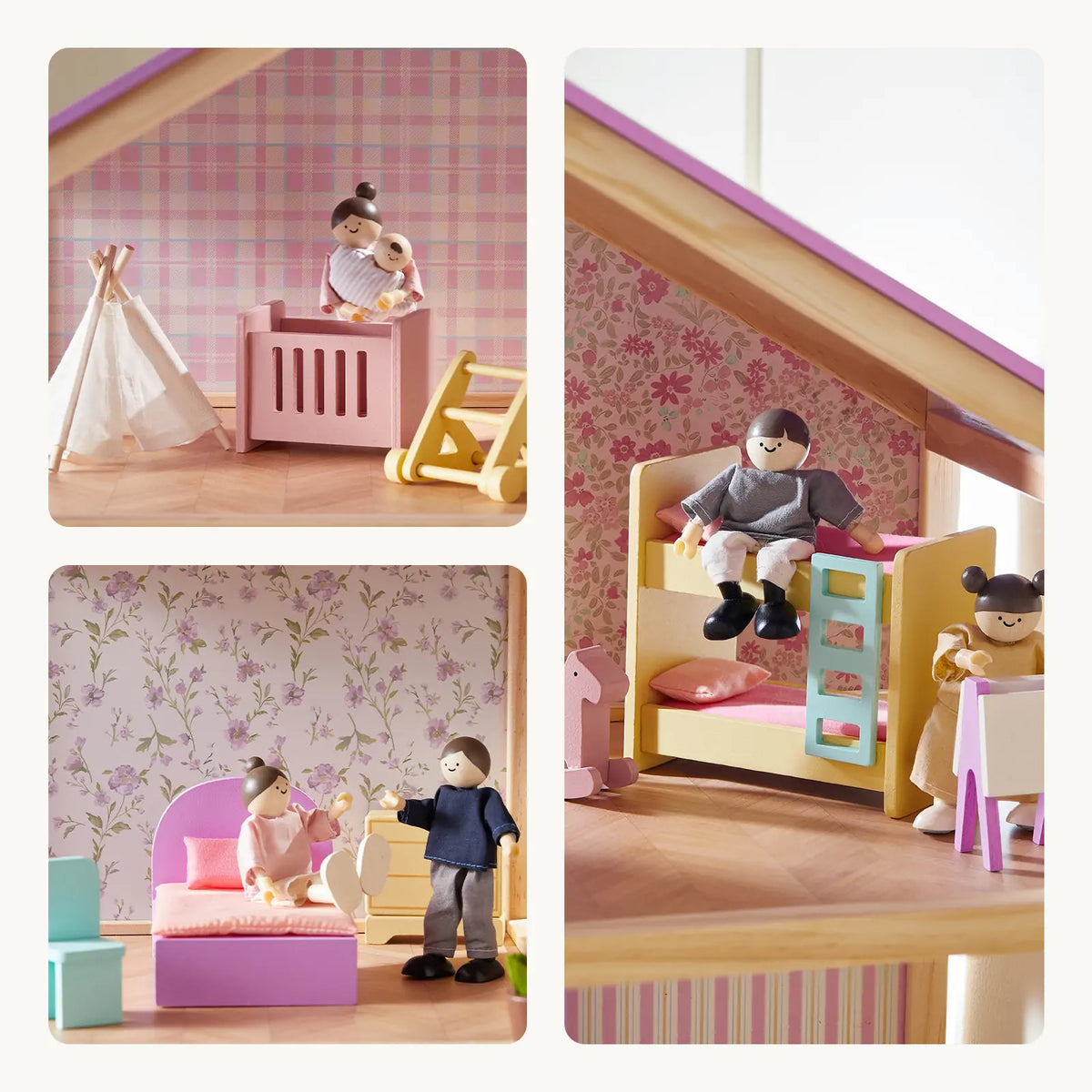 Tiny Land Unicorn Dollhouse pink wooden furniture and mini dolls with floral wallpaper on Tampa Home & Garden Store