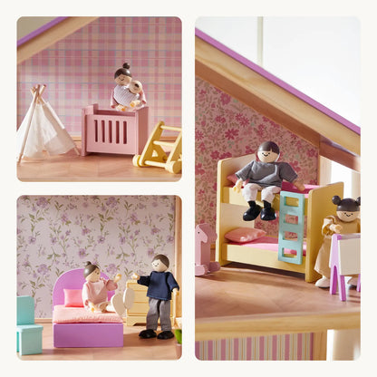Tiny Land Unicorn Dollhouse pink wooden furniture and mini dolls with floral wallpaper on Tampa Home & Garden Store