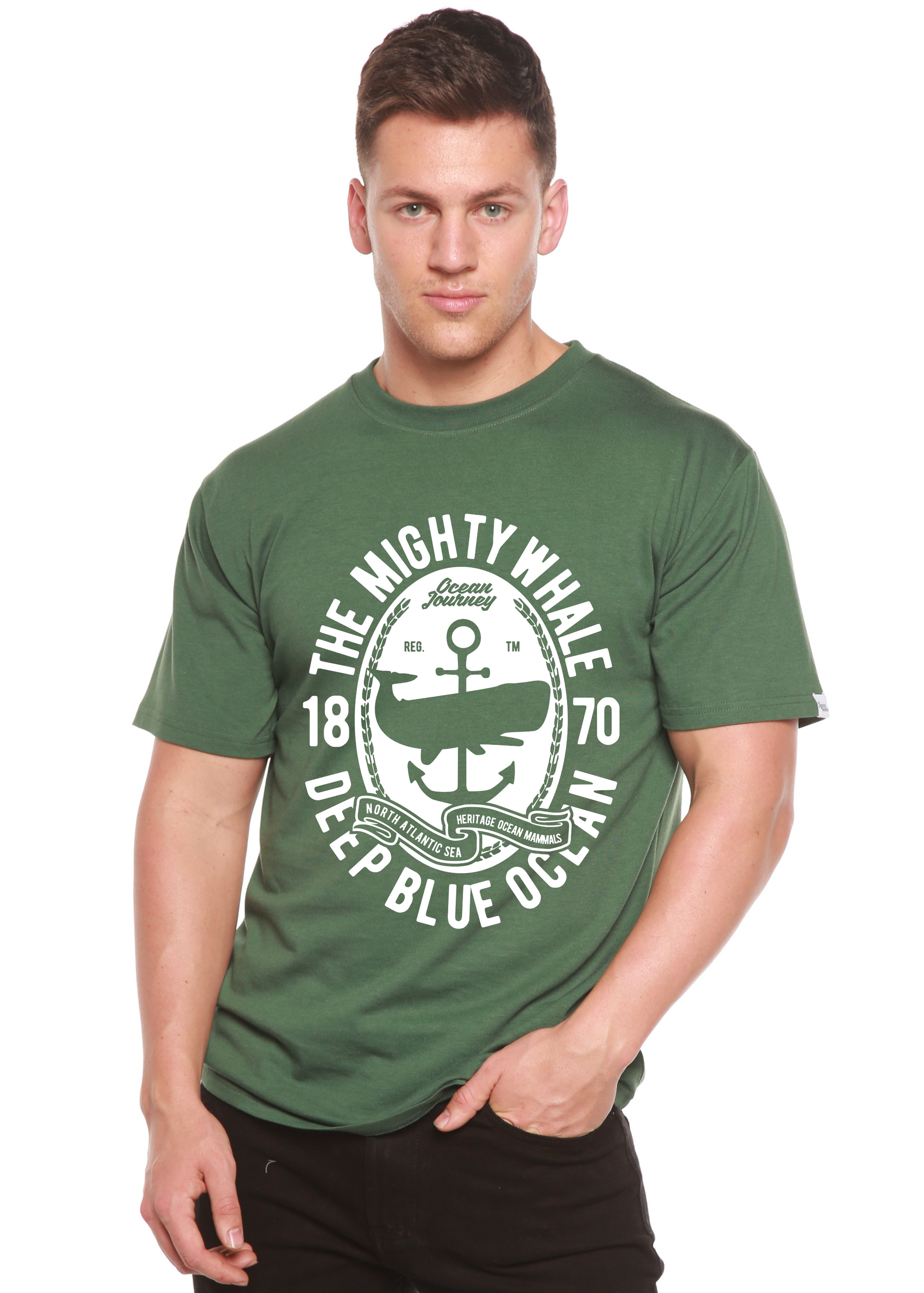 The Mighty Spun Bamboo men's green short sleeve graphic T-shirt with circular anchor emblem on Tampa Home & Garden Store