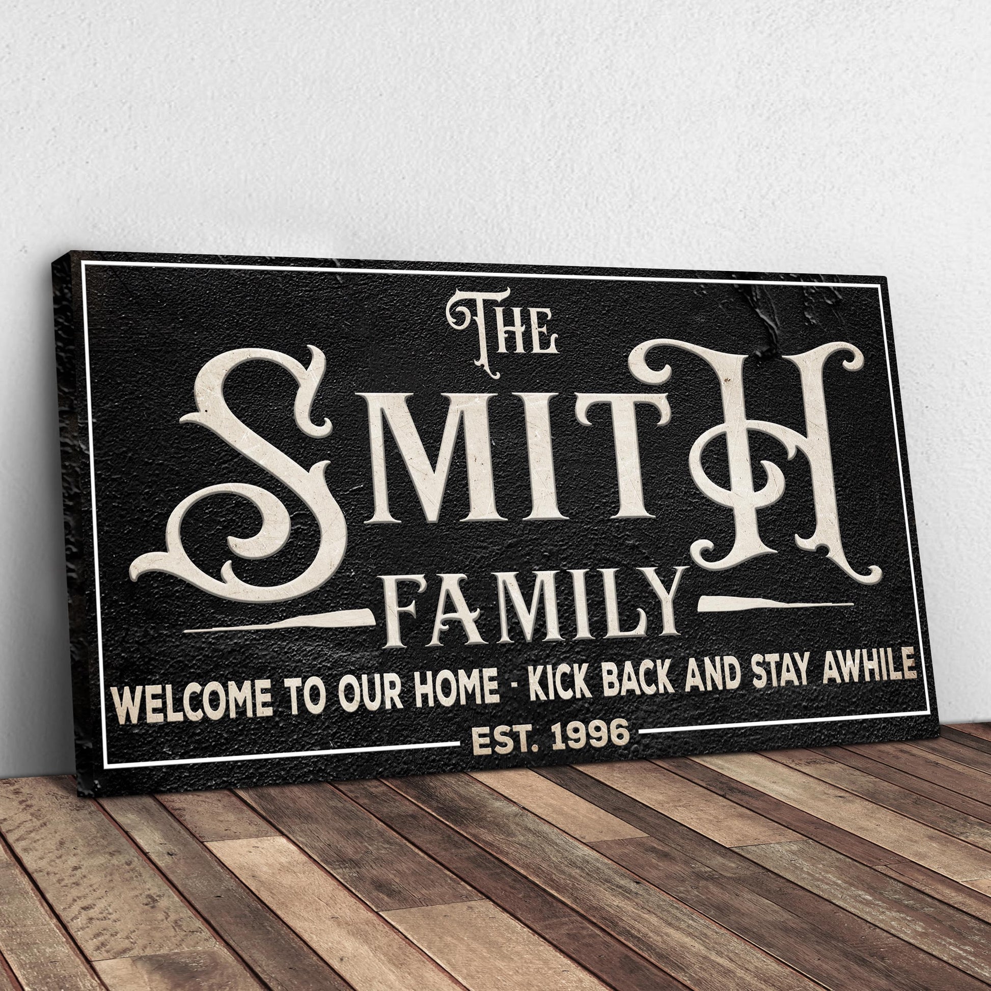 Family Sign XXV crafting canvas by Tailored Canvases with white lettering on black canvas on Tampa Home & Garden Store