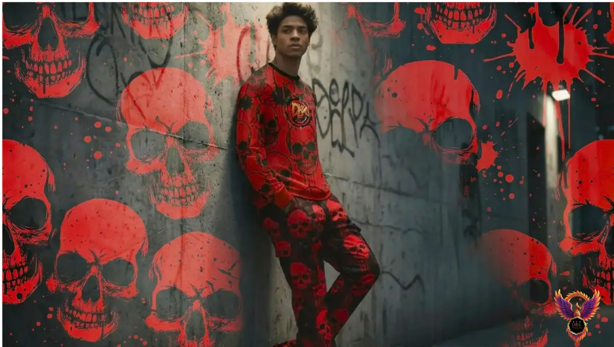BAD TO THE BONE graffiti skulls jeans red skull print outfit worn by model on Tampa Home & Garden Store
