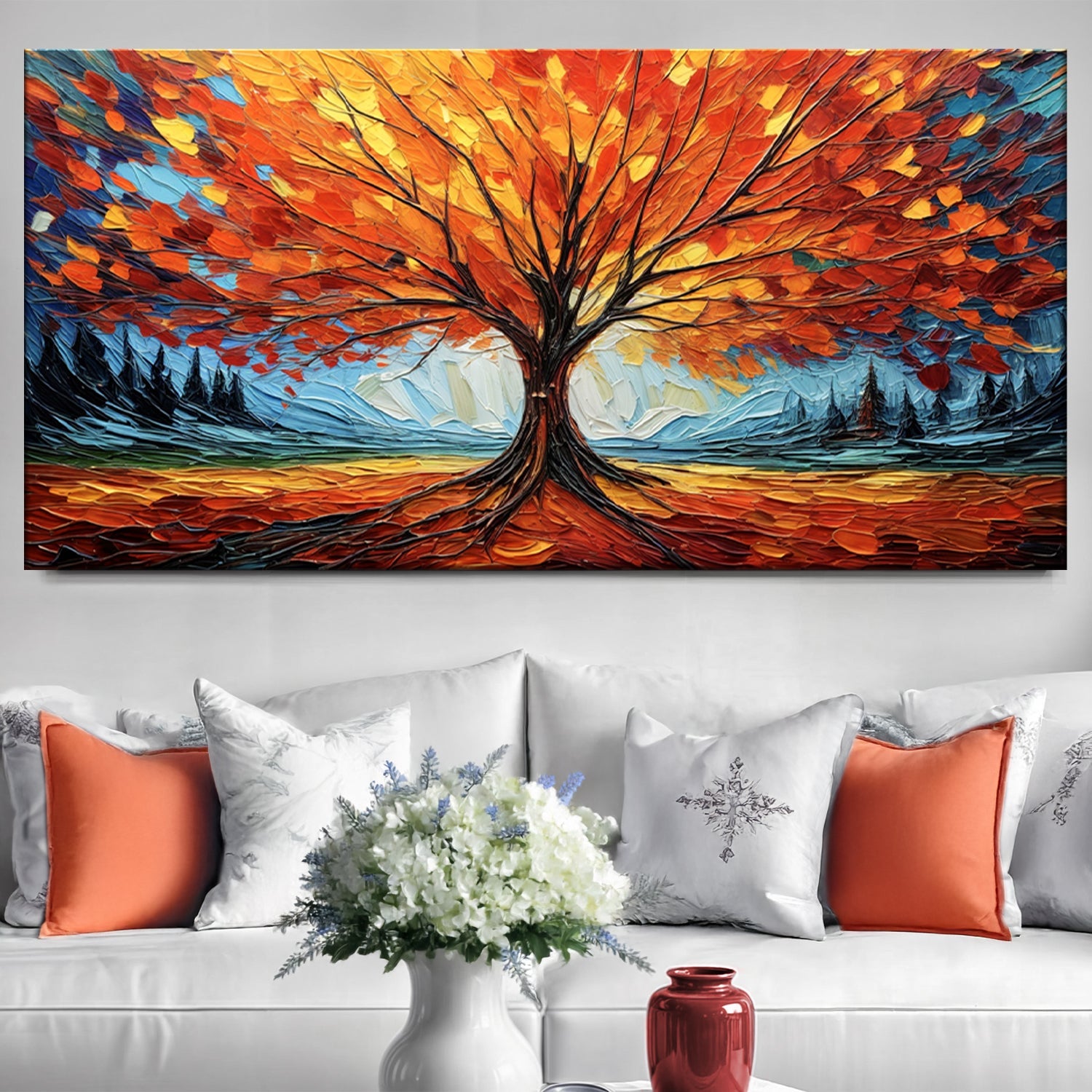 Autumn Fire Wall Art canvas by Tailored Canvases, vibrant orange-red autumn tree decor on Tampa Home & Garden Store