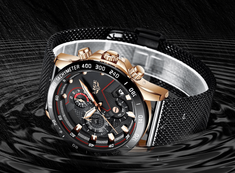 Men's Stevvex waterproof sports watch with stainless steel mesh bracelet, black dial on Tampa Home & Garden Store