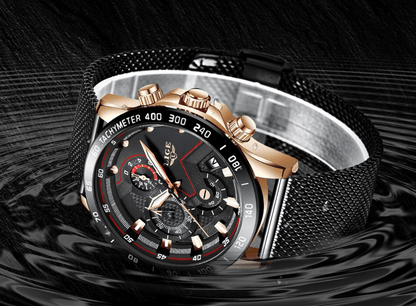 Men's Stevvex waterproof sports watch with stainless steel mesh bracelet, black dial on Tampa Home & Garden Store