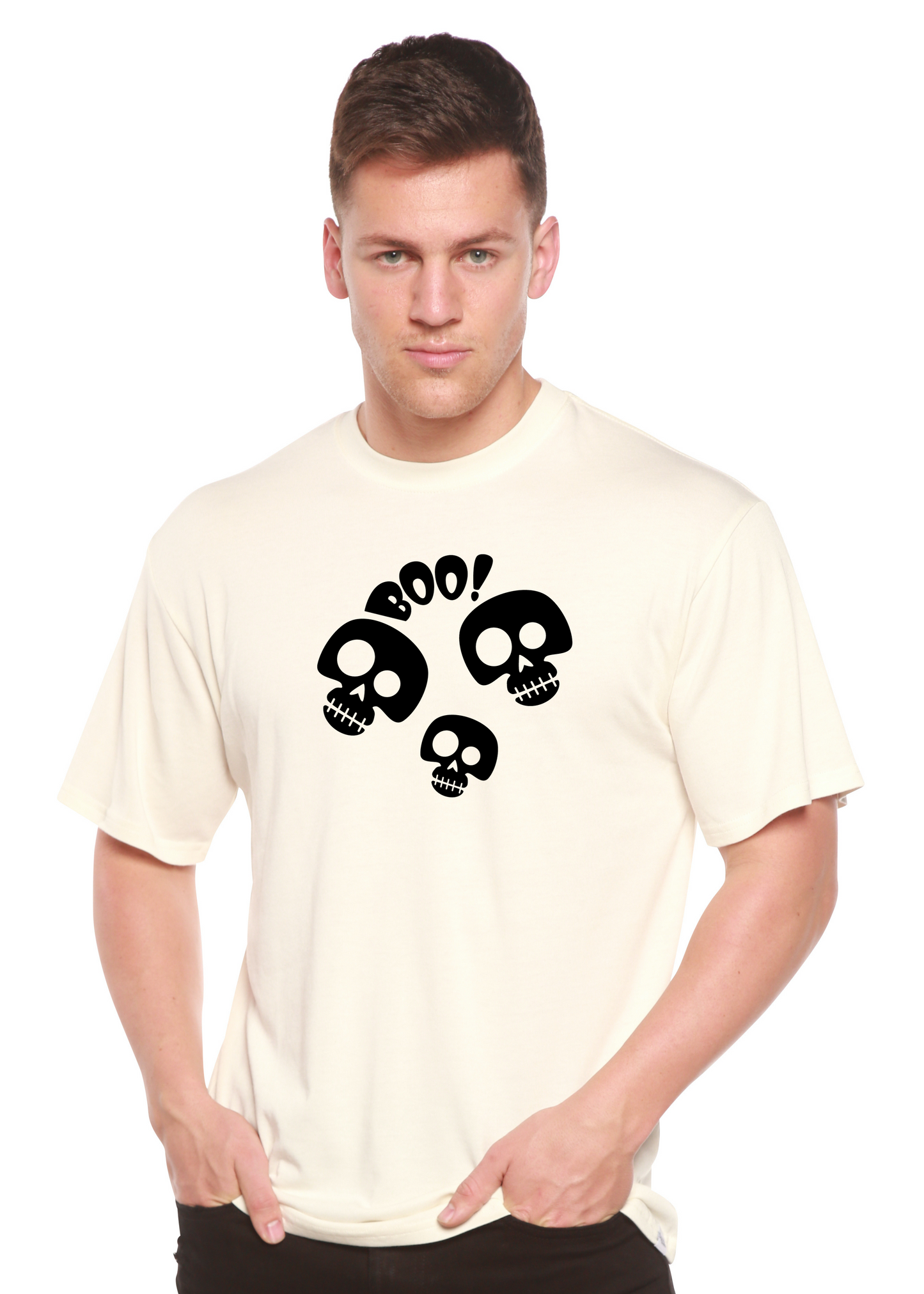 Mens Halloween Boo 4 skulls graphic T-shirt in cream by Spun Bamboo viscose/organic cotton on Tampa Home & Garden Store
