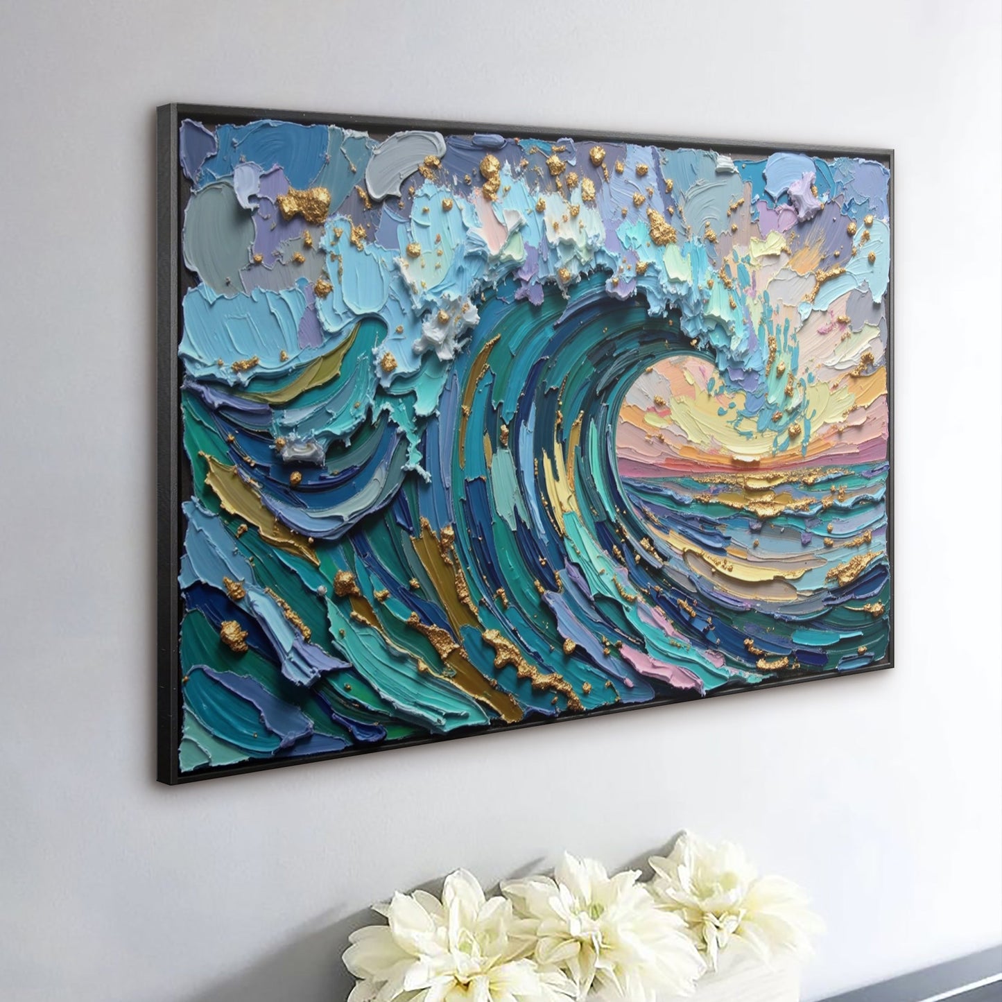 Golden Tide Wall Art canvas with teal blue impasto swirls and gold leaf accents in a black frame on Tampa Home & Garden Store