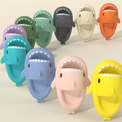 Shark-shaped Stevvex sandals, colorful group of open-toe beach slides for men and women on Tampa Home & Garden Store