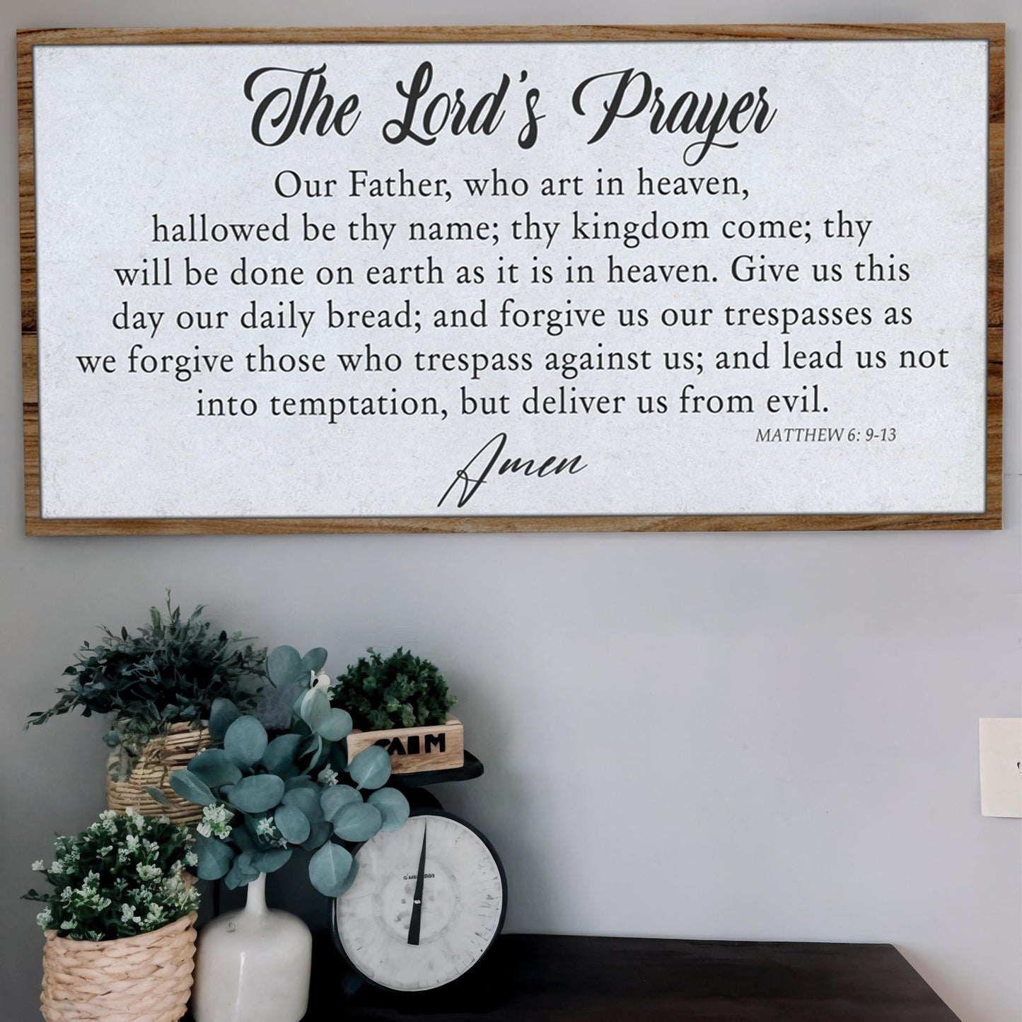 The Lord's Prayer Faith Sign II canvas Tailored Canvases framed wood with black script text on Tampa Home & Garden Store