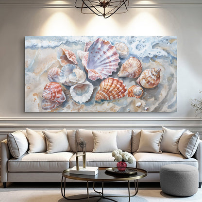 Sea Shells Modern Coastal Wall Art canvas by Tailored Canvases featuring blue seashells on Tampa Home & Garden Store