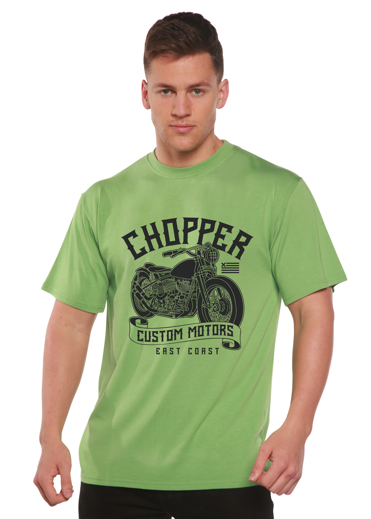 Chopper Custom Motors bamboo viscose/organic cotton tee lime green motorcycle print Spun Bamboo on Tampa Home & Garden Store