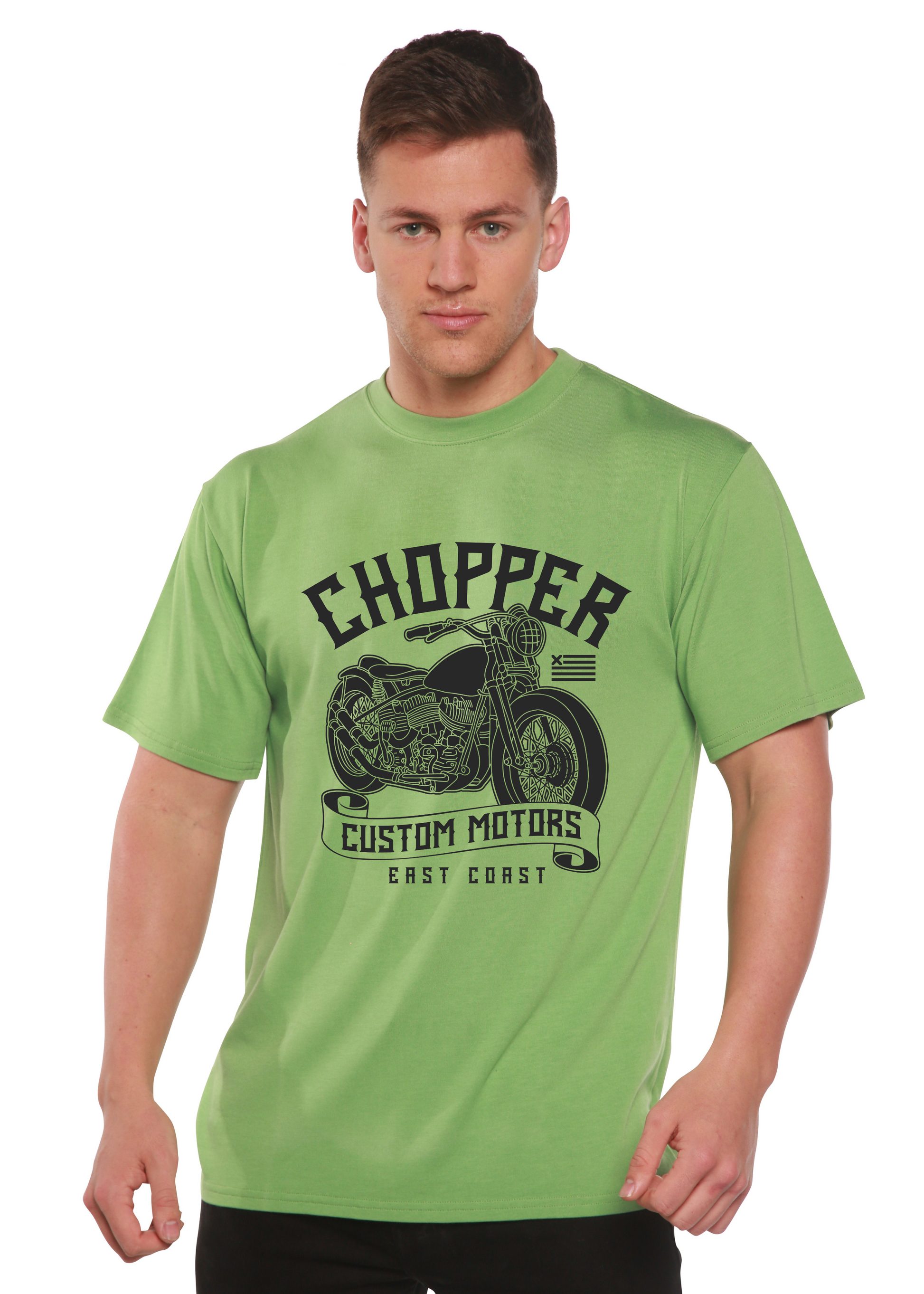 Chopper Custom Motors bamboo viscose/organic cotton tee lime green motorcycle print Spun Bamboo on Tampa Home & Garden Store