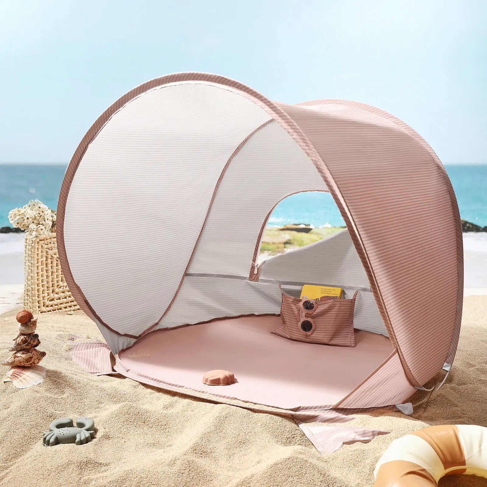 Tiny Land One-Stop Beach Toy & Tent Set pink circular pop-up beach tent on the sand on Tampa Home & Garden Store