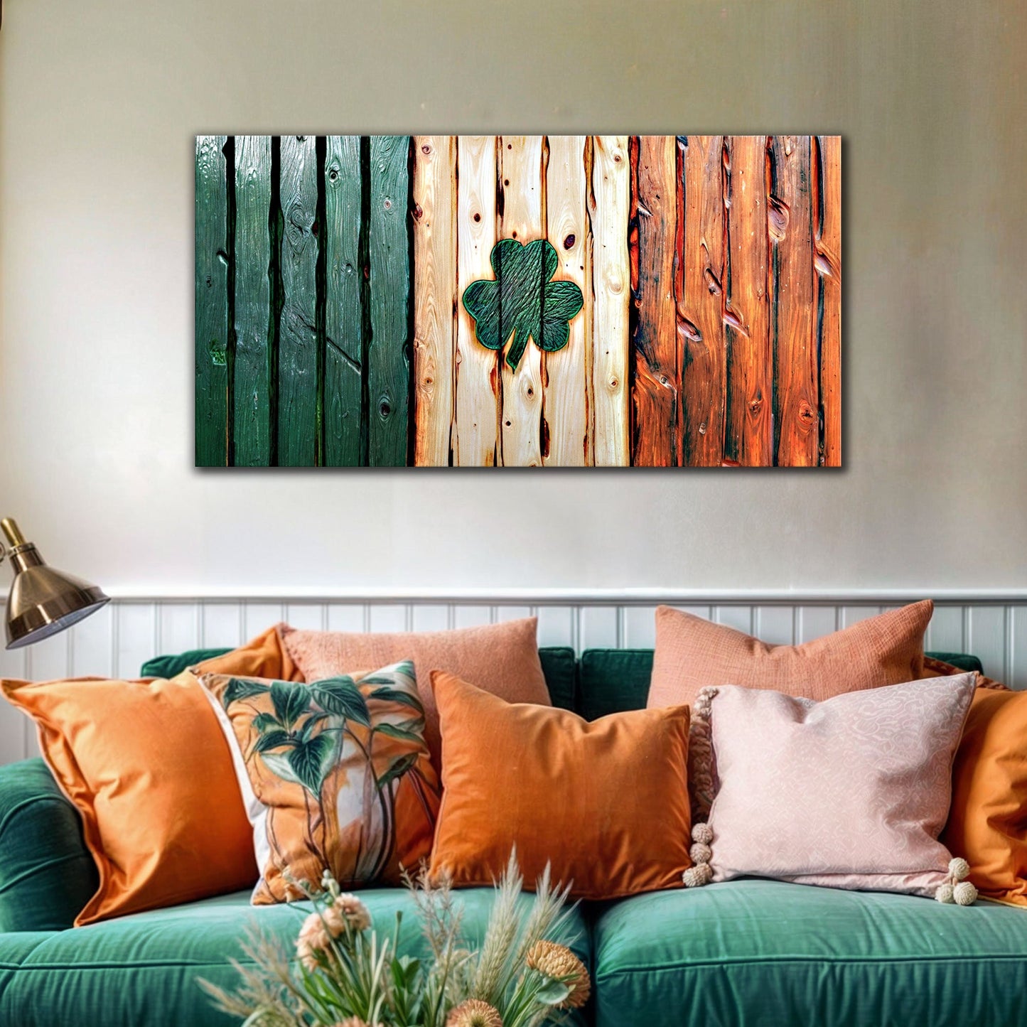 Irish Shamrock Glory wooden flag canvas Tailored Canvases; green, white and orange planks on Tampa Home & Garden Store