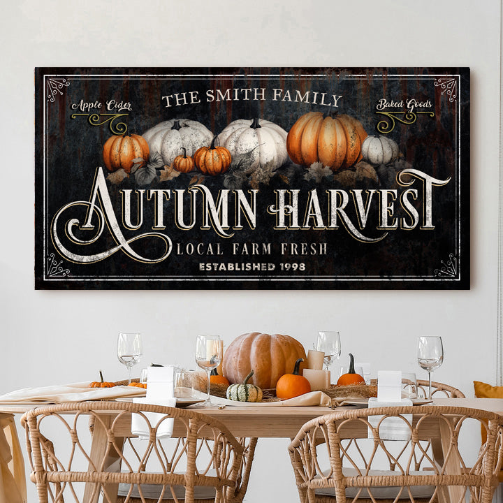 Family Autumn Harvest Thanksgiving Sign canvas wall art by Tailored Canvases, black sign with pumpkins on Tampa Home & Garden Store