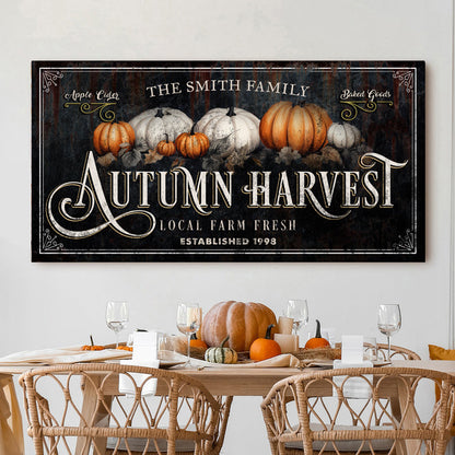 Family Autumn Harvest Thanksgiving Sign canvas wall art by Tailored Canvases, black sign with pumpkins on Tampa Home & Garden Store