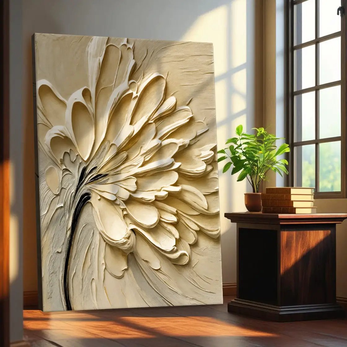 Flower Splatter Wall Art canvas by Tailored Canvases, cream textured petals in relief on Tampa Home & Garden Store