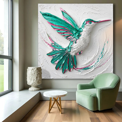 3D hummingbird wall art canvas with teal and pink raised feathers by Tailored Canvases on Tampa Home & Garden Store