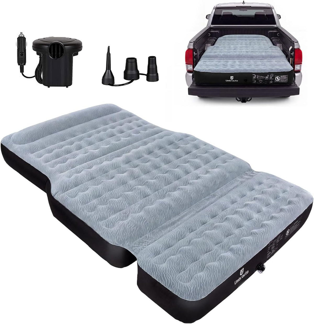 Umbrauto Ford truck bed air mattress 5.5–5.8ft/6–6.5ft gray top with pump kit in truck bed on Tampa Home & Garden Store