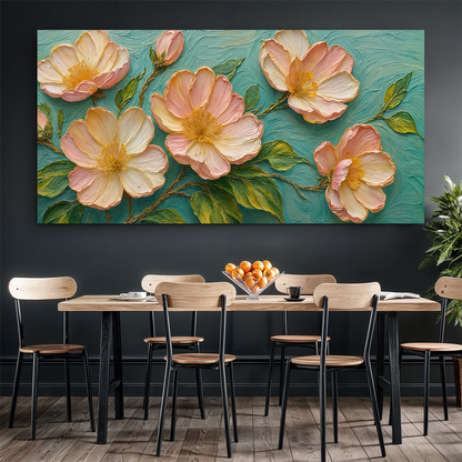 Canvas Blossoms Serenade Wall Art by Tailored Canvases with pink peach flowers on teal backdrop on Tampa Home & Garden Store