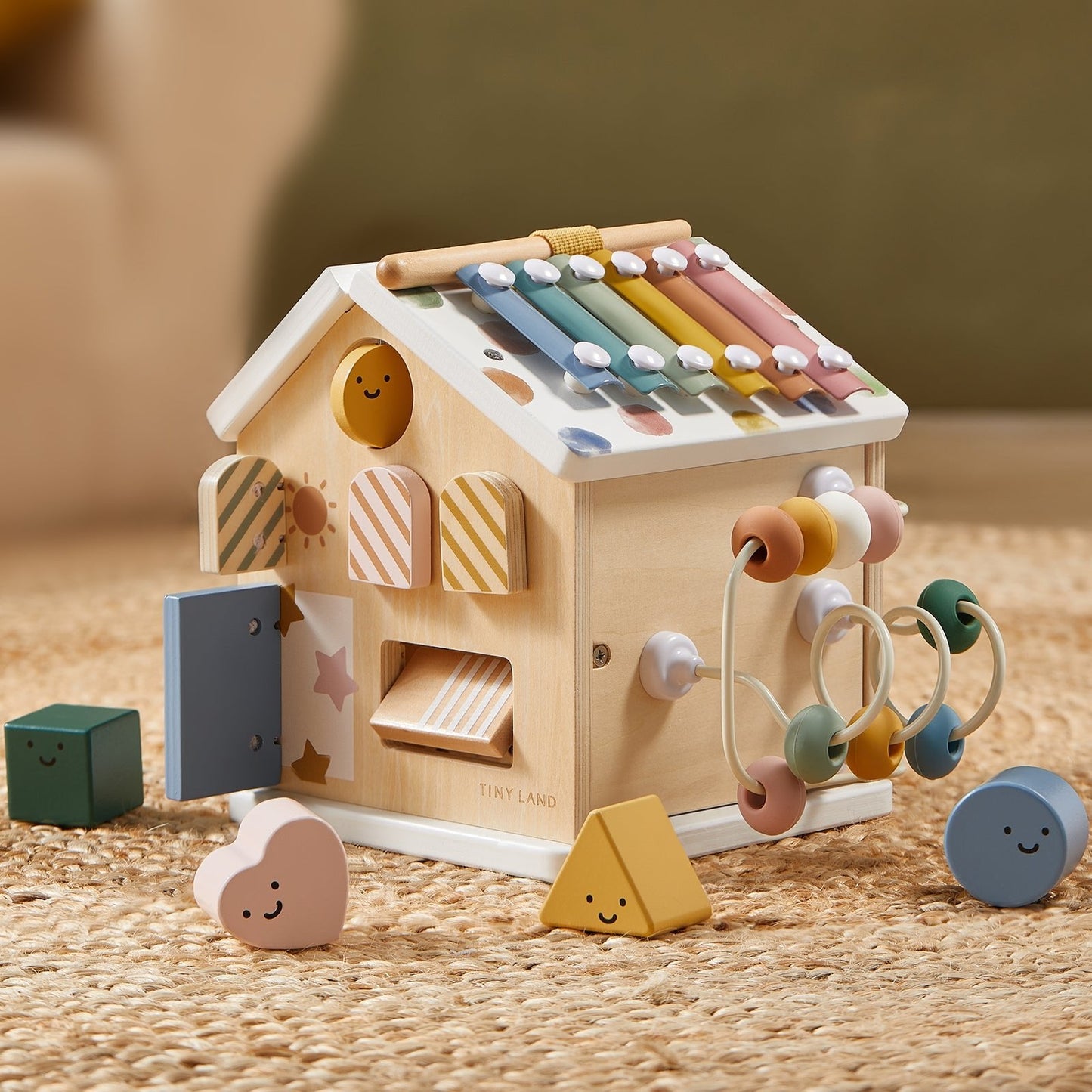 Tiny Land Cottage Activity Cube Morandi wooden baby activity toy with pastel xylophone bars on Tampa Home & Garden Store