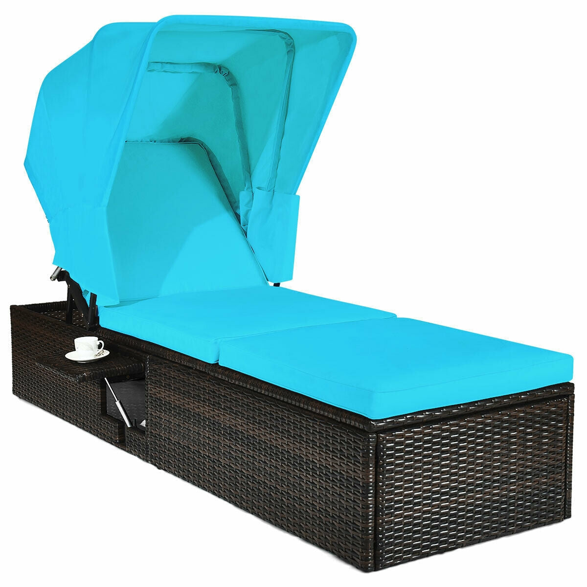 Outdoor Adjustable Cushioned Chaise Lounge Chair with Folding Canopy-Black